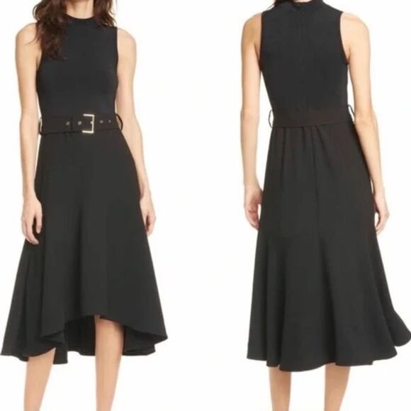 Ted Baker London Corvala Belted Fluted-Skirt Midi Dress in Black Size 5 US 12